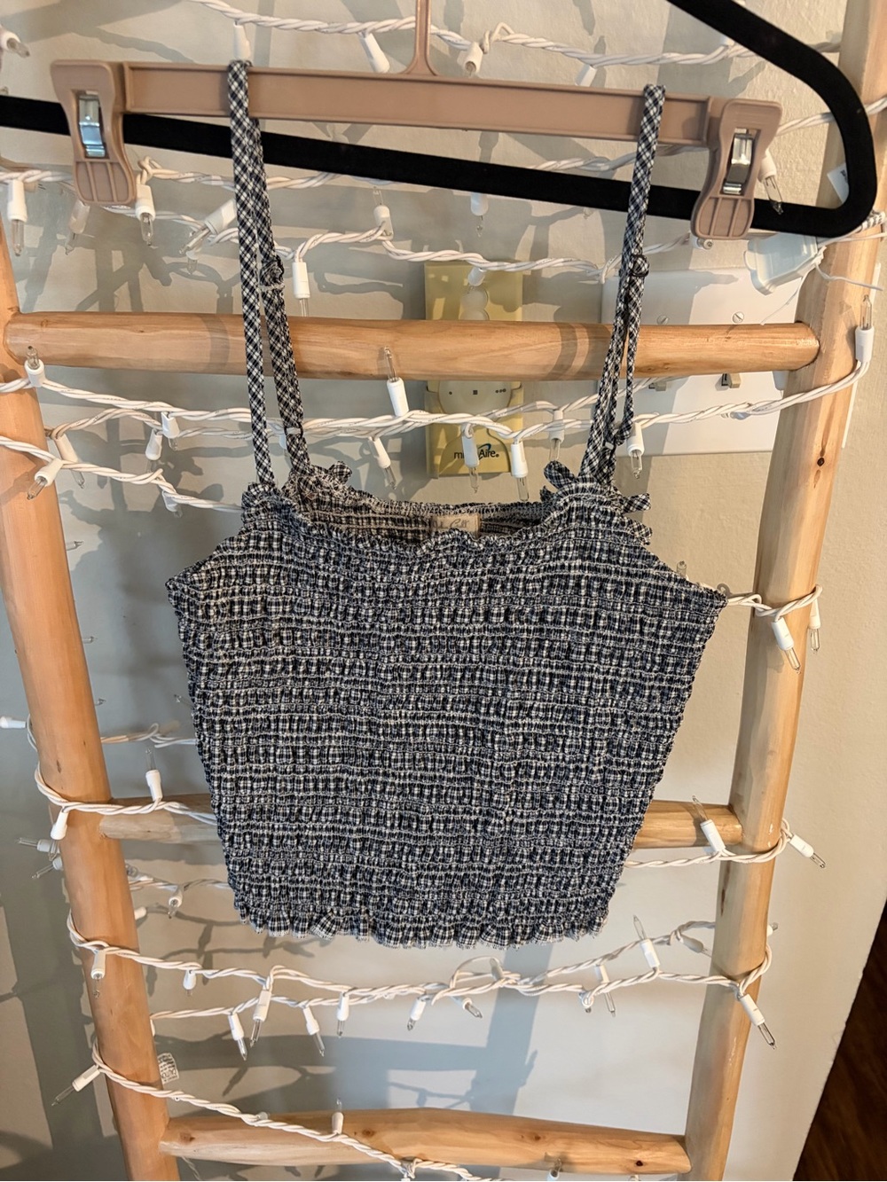 Smocked Black & White Tweed-Look Crop Top with Adjustable Straps